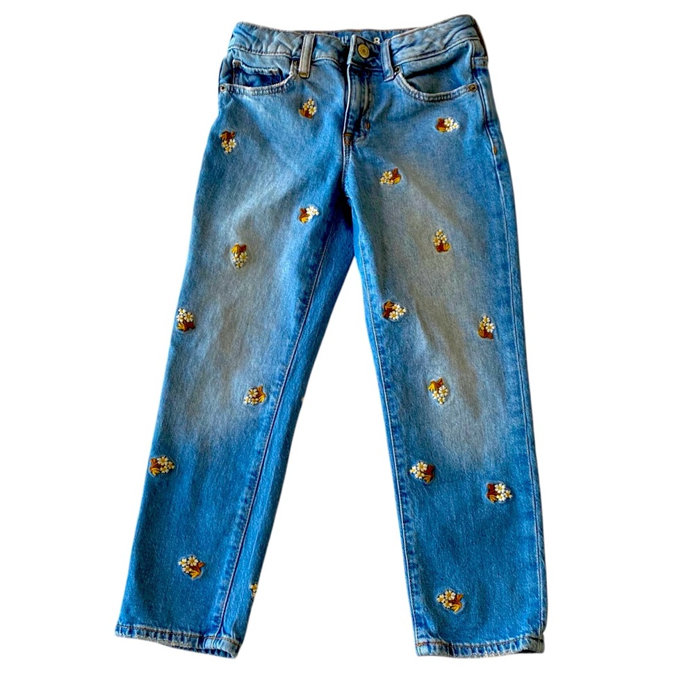 GAP KIDS Jeans Embroidery Embroidered Floral Daisies Blue Long Pants Girlfriend